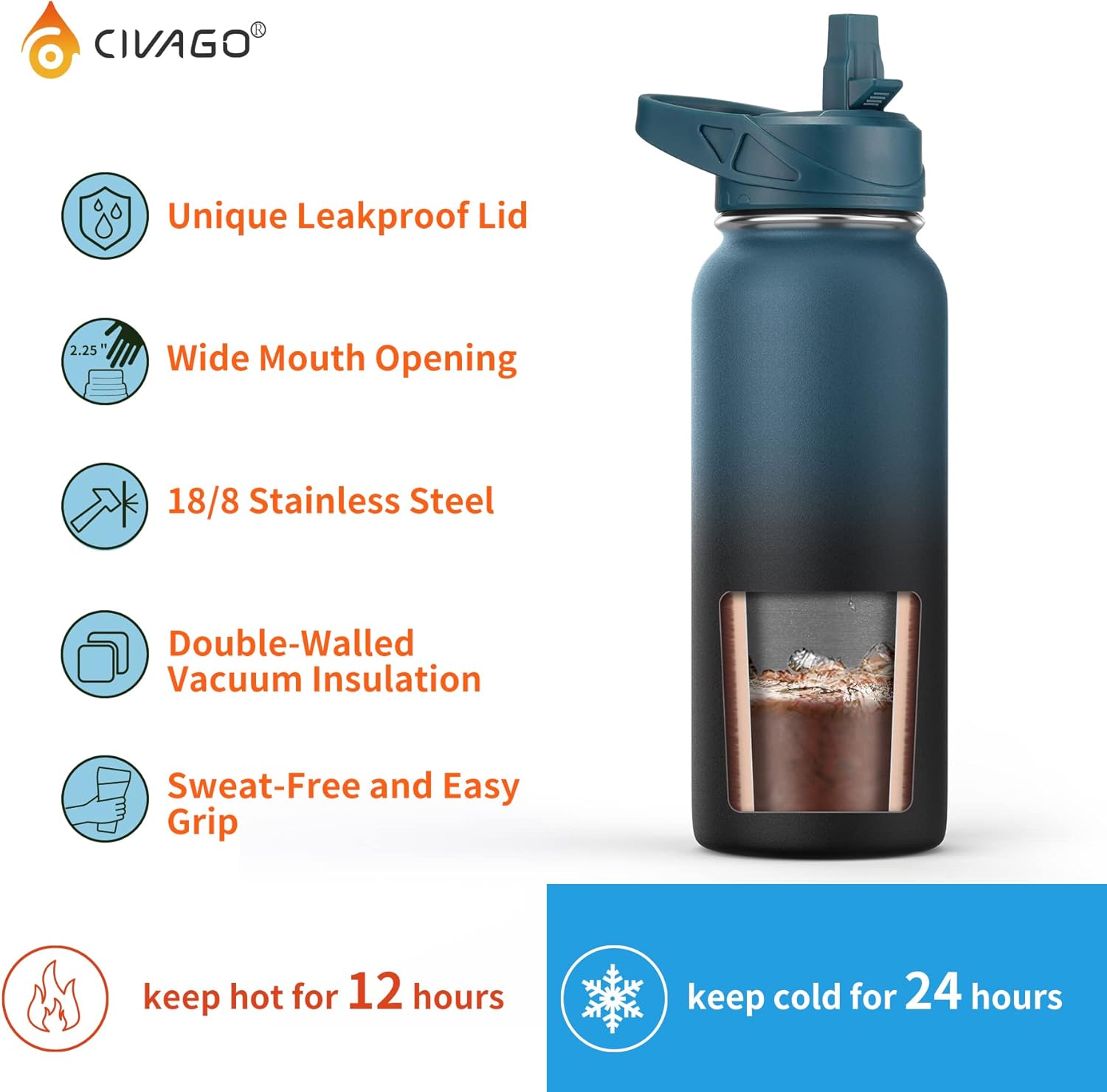 Civago Vacuum Insulated Sports Bottle
